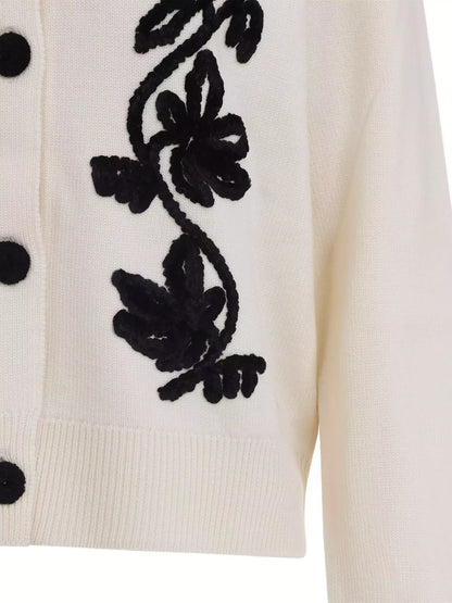 Floral-Embroidered Wool Cardigan Sweater - Sweaters & Knitwear