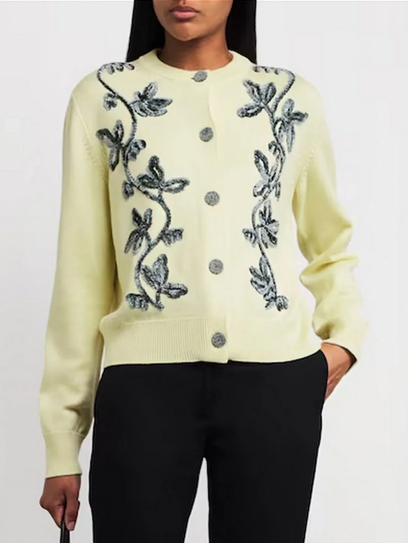Floral-Embroidered Wool Cardigan Sweater - Sweaters & Knitwear