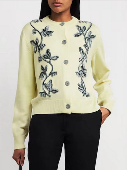 Floral-Embroidered Wool Cardigan Sweater - Sweaters & Knitwear