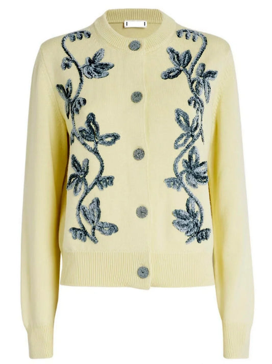 Floral-Embroidered Wool Cardigan Sweater - Sweaters & Knitwear