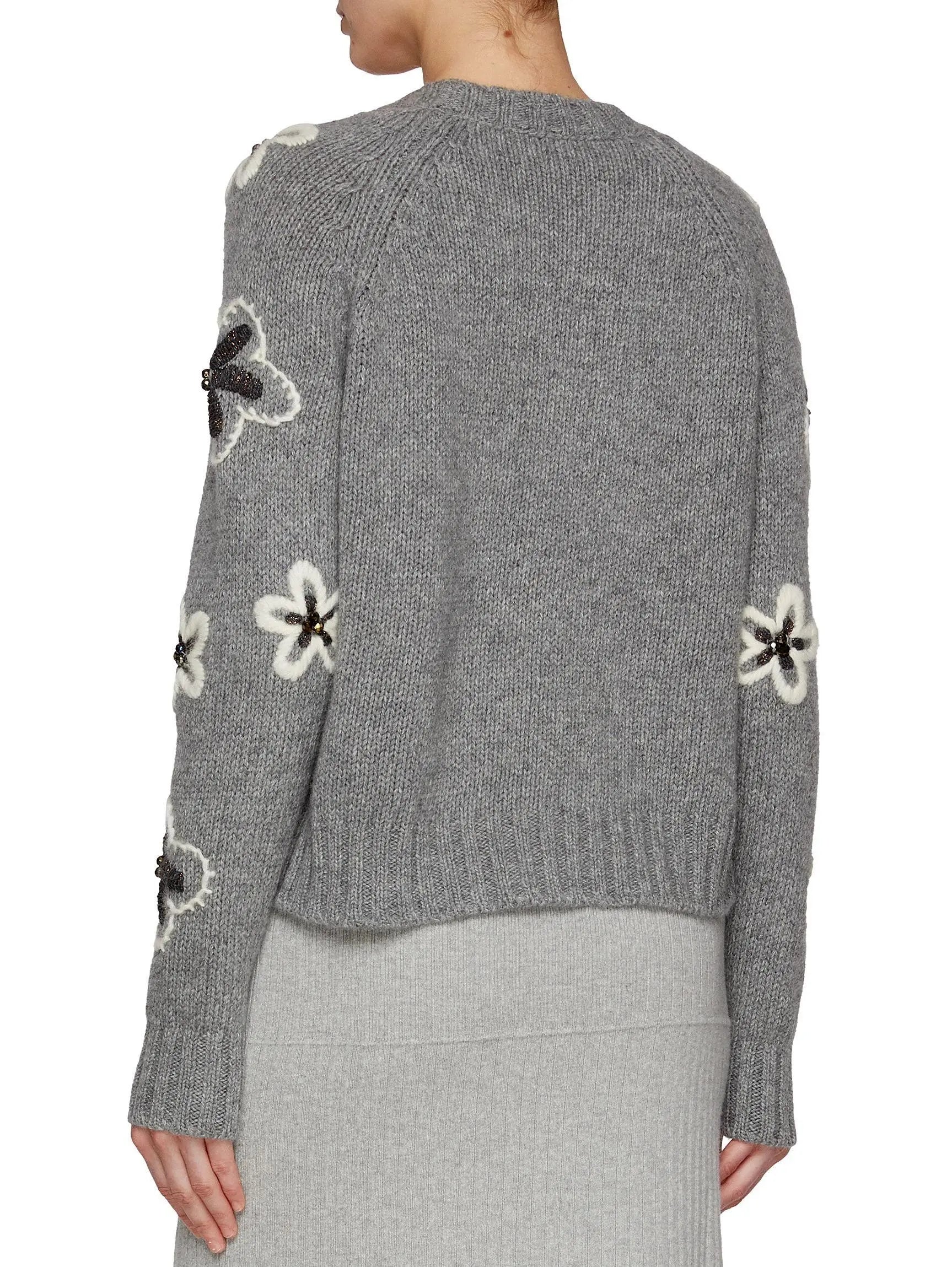 Floral Embroidery Knit Sweater in Gray - Sweaters & Knitwear