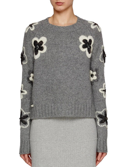 Floral Embroidery Knit Sweater in Gray - Sweaters & Knitwear