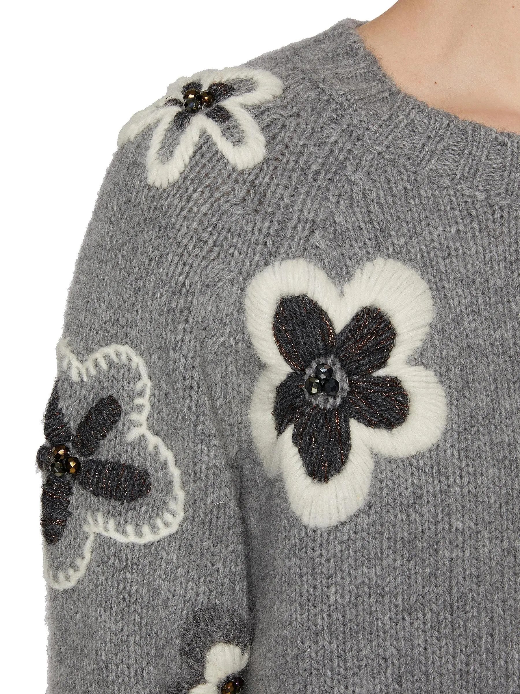 Floral Embroidery Knit Sweater in Gray - Sweaters & Knitwear