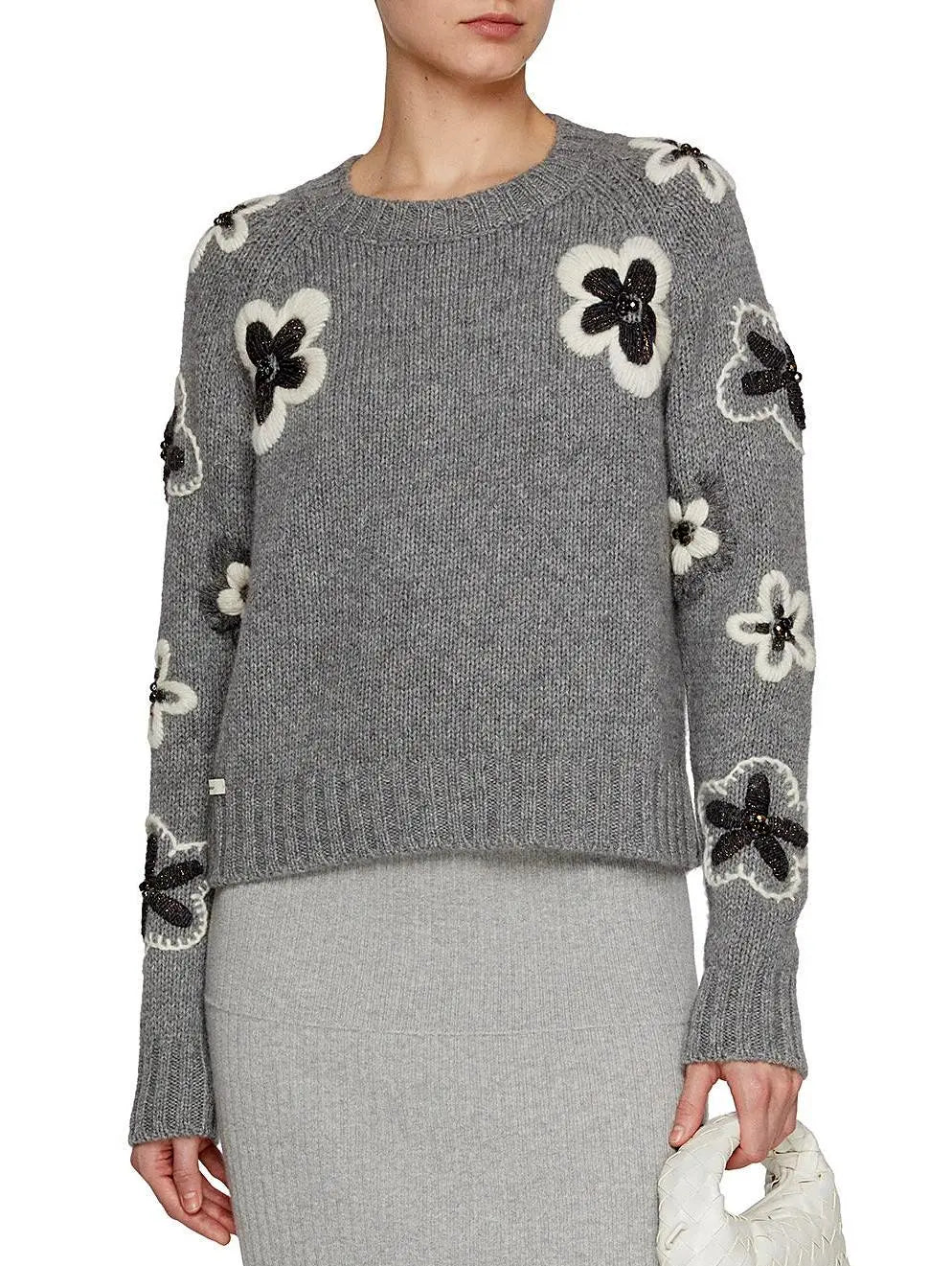 Floral Embroidery Knit Sweater in Gray - Sweaters & Knitwear