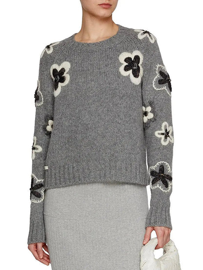 Floral Embroidery Knit Sweater in Gray - Sweaters & Knitwear