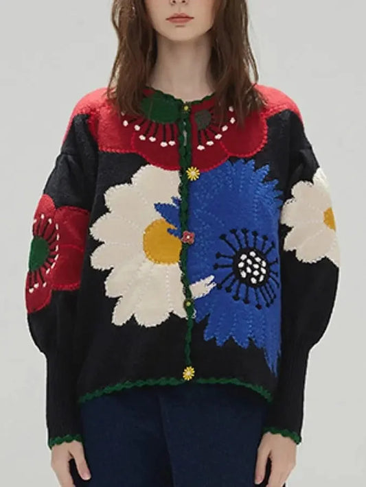 Floral-Embroidery Vintage Cardigan Sweater - Sweaters & Knitwear