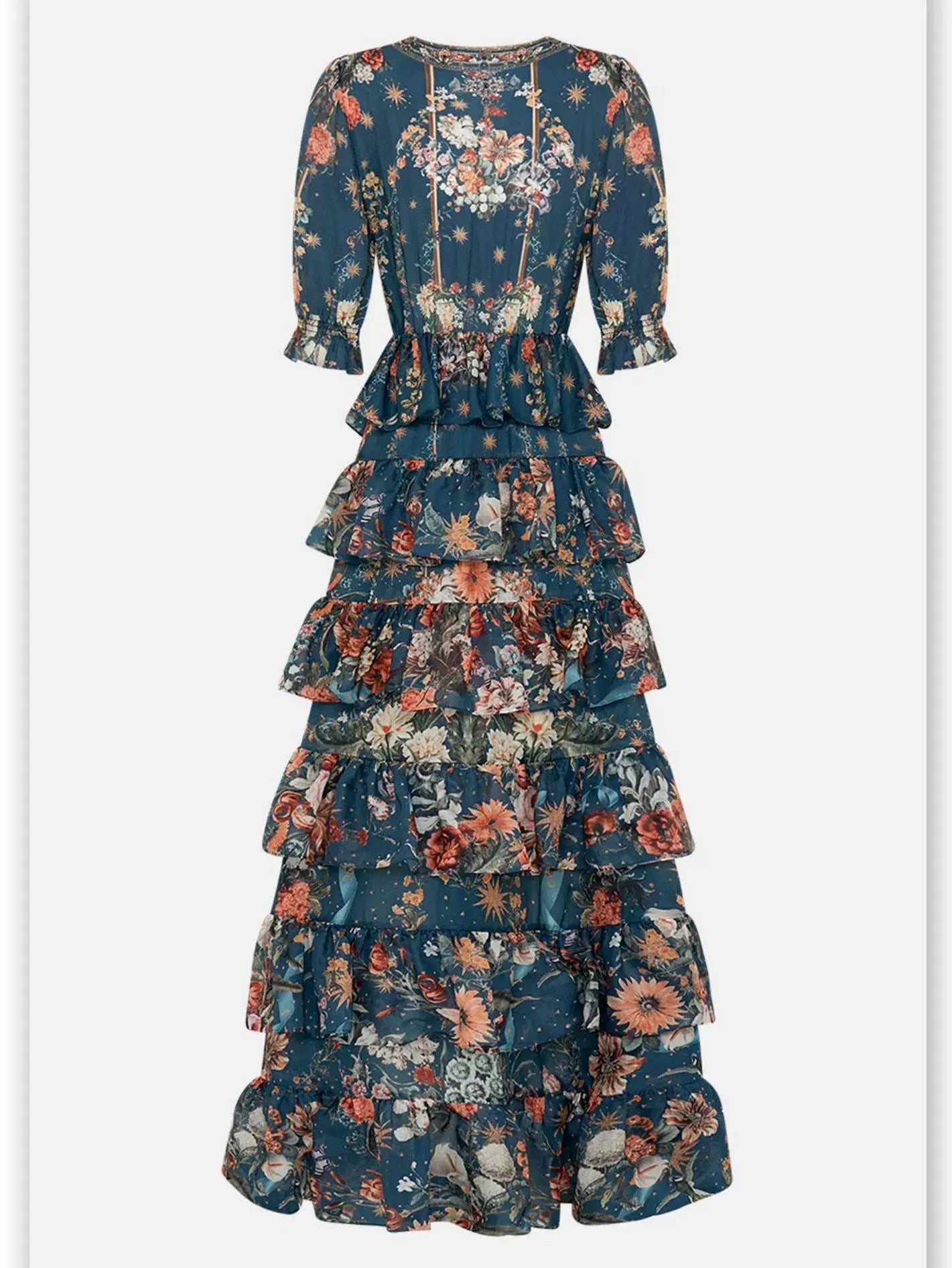 Floral Garden-Print Puff Sleeve Tiered Skirt Long Dress - Dresses