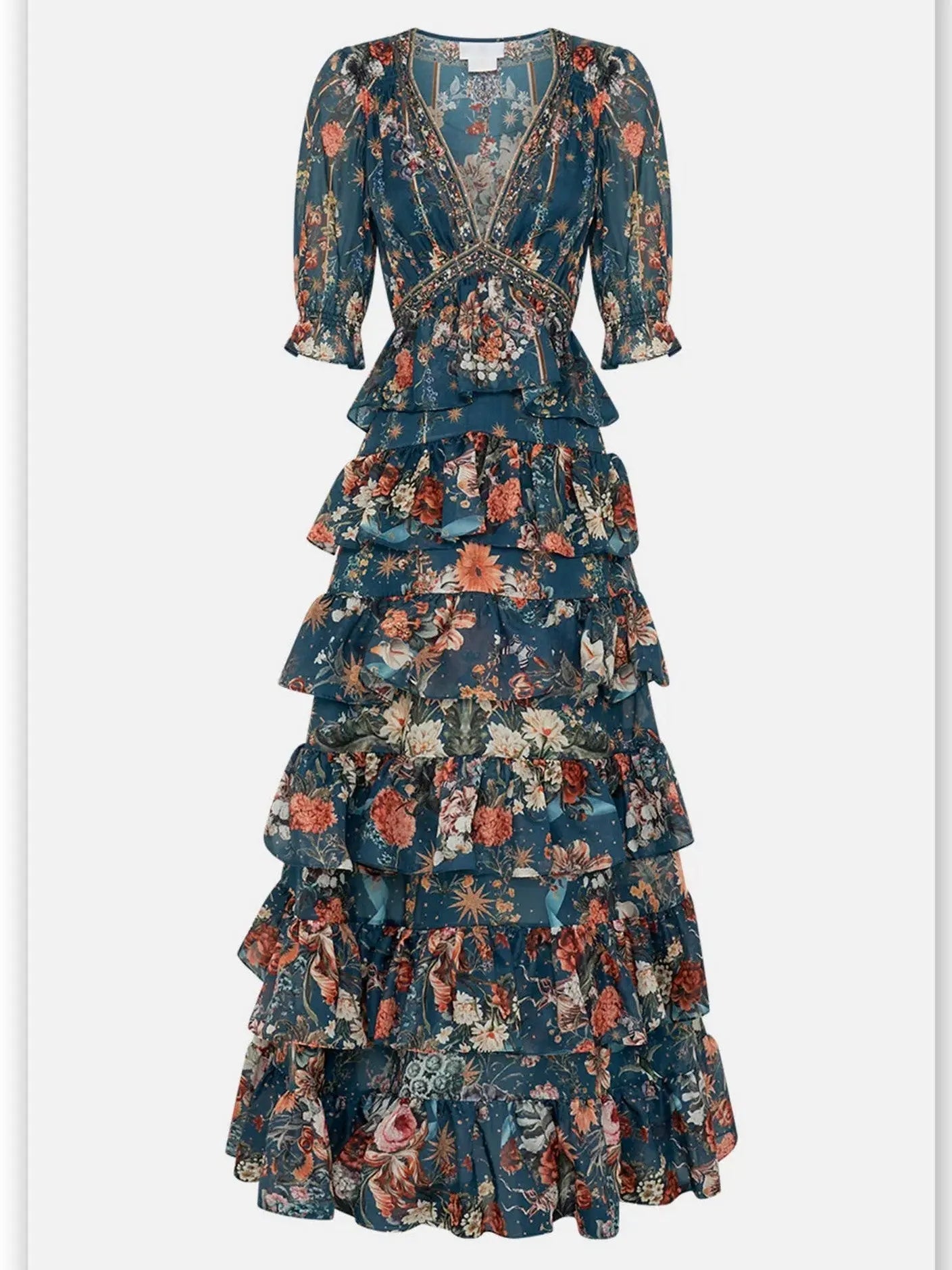 Floral Garden-Print Puff Sleeve Tiered Skirt Long Dress - Dresses