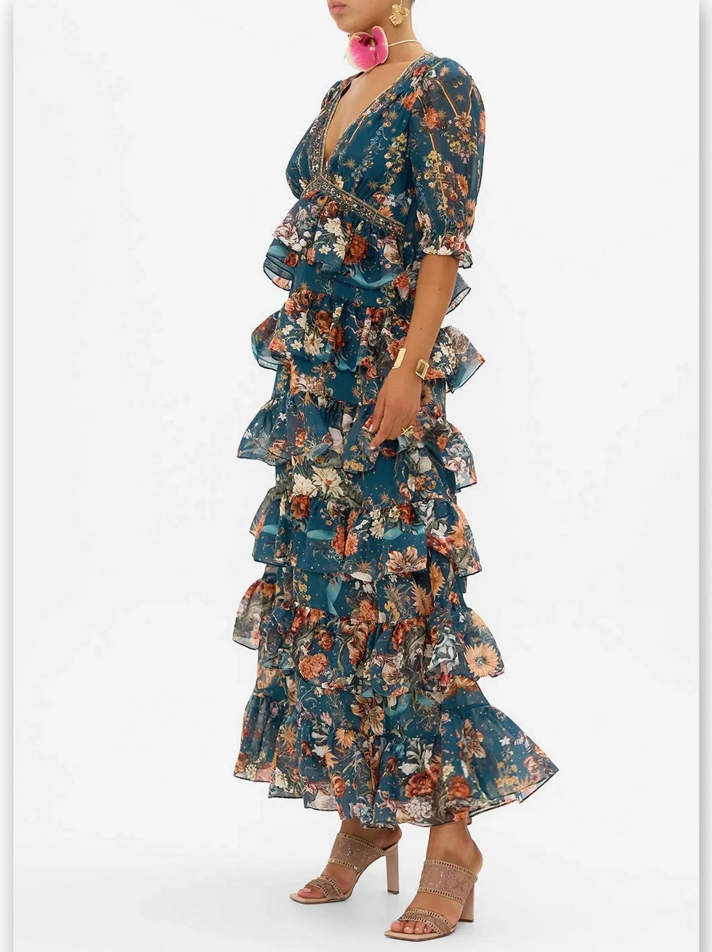 Floral Garden-Print Puff Sleeve Tiered Skirt Long Dress - Dresses