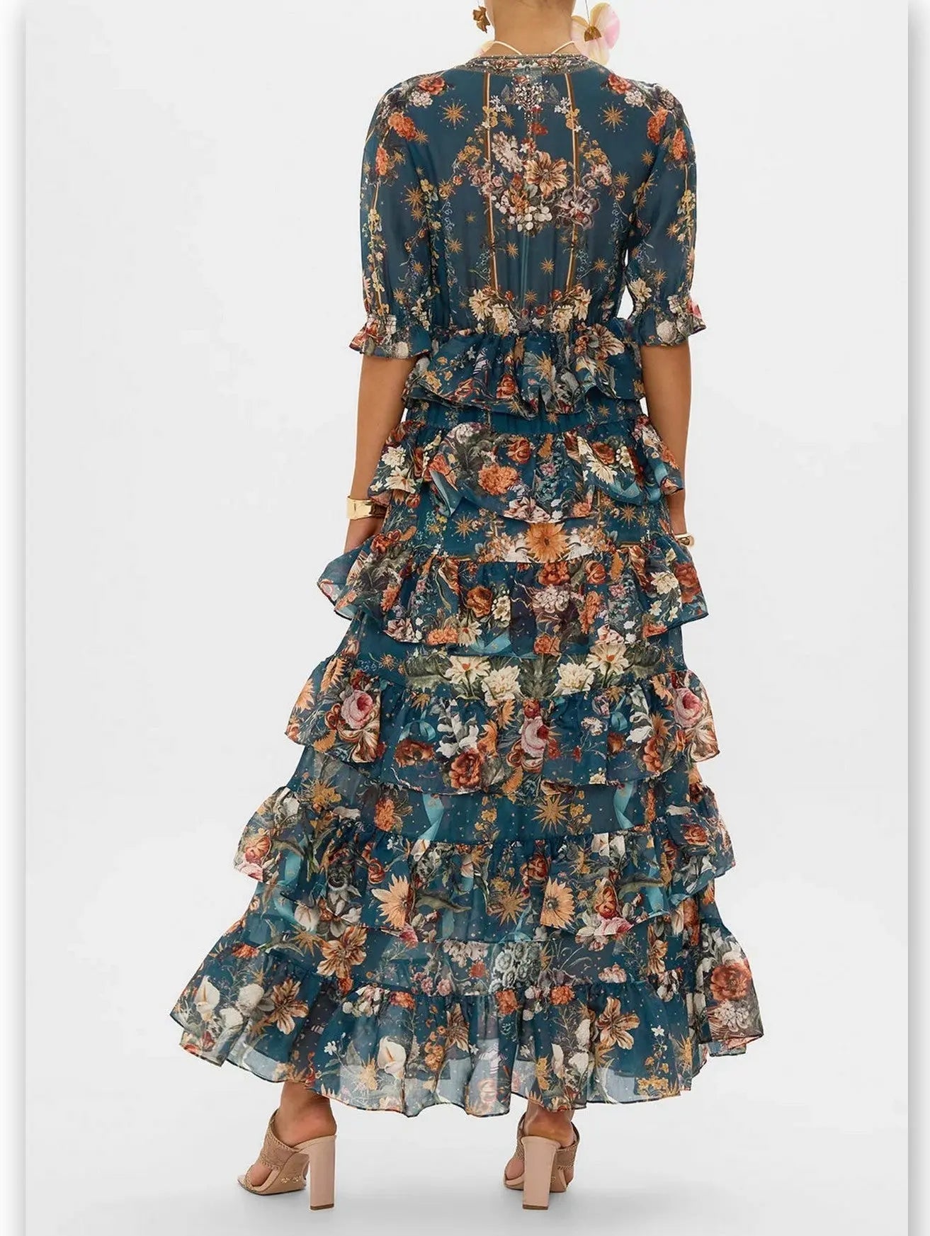 Floral Garden-Print Puff Sleeve Tiered Skirt Long Dress - Dresses