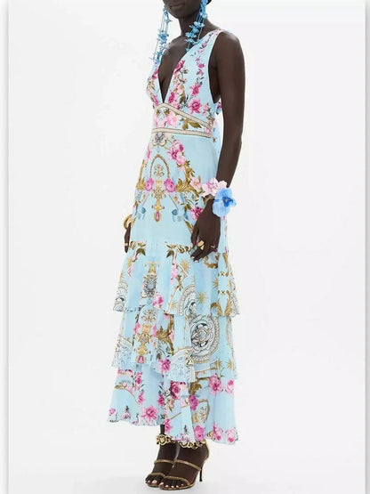 Floral Garden Print Tiered Ruffle Hem Silk Dress in Blue - Dresses