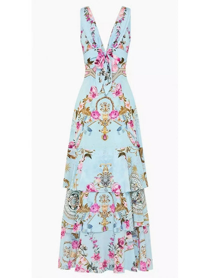 Floral Garden Print Tiered Ruffle Hem Silk Dress in Blue - Dresses