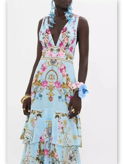 Floral Garden Print Tiered Ruffle Hem Silk Dress in Blue - Dresses