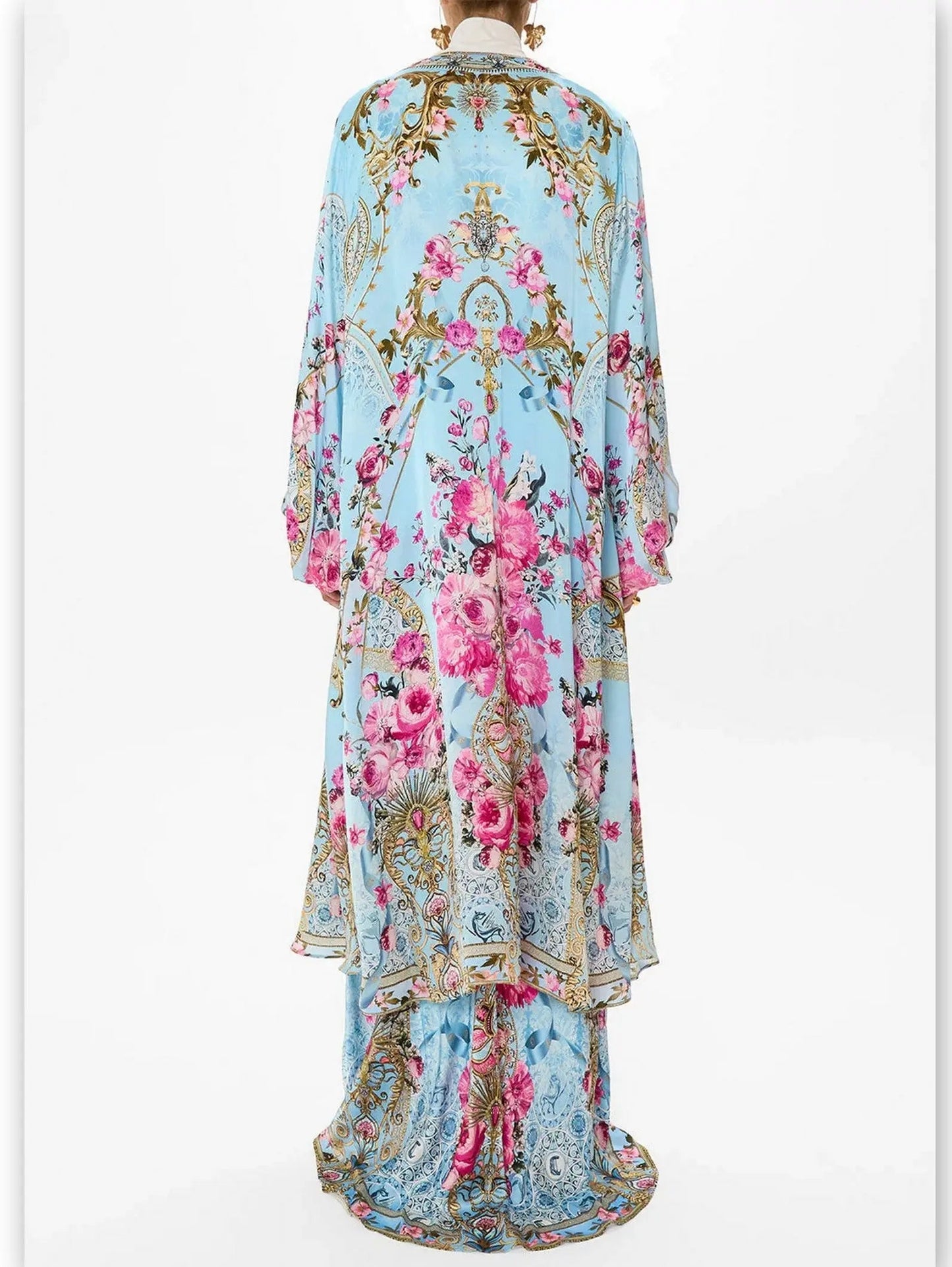 Floral Garden Printed Long Silk Light Blue Slip Dress - Dresses