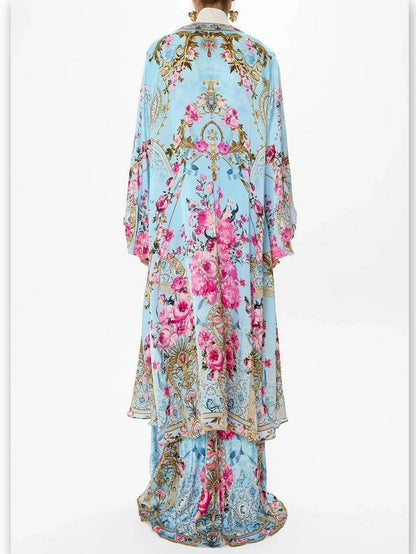 Floral Garden Printed Long Silk Light Blue Slip Dress - Dresses