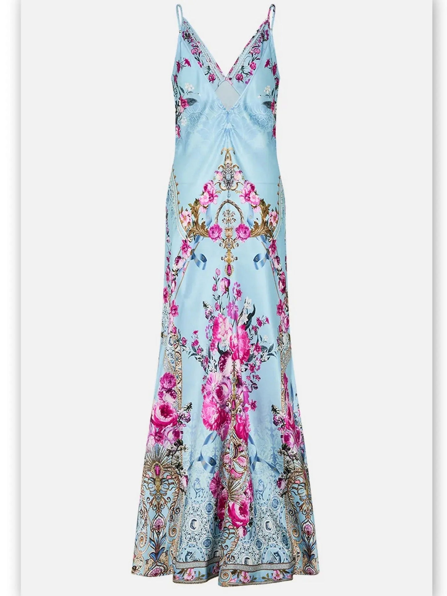 Floral Garden Printed Long Silk Light Blue Slip Dress - Dresses