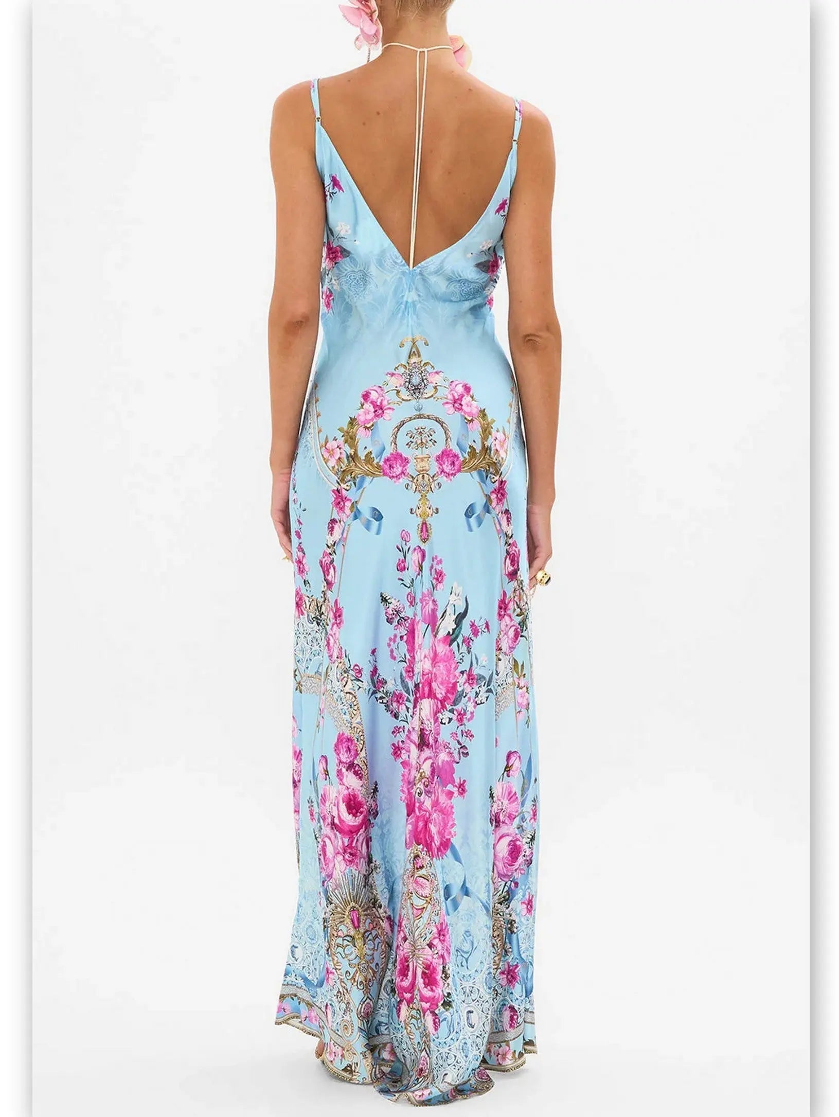 Floral Garden Printed Long Silk Light Blue Slip Dress - Dresses