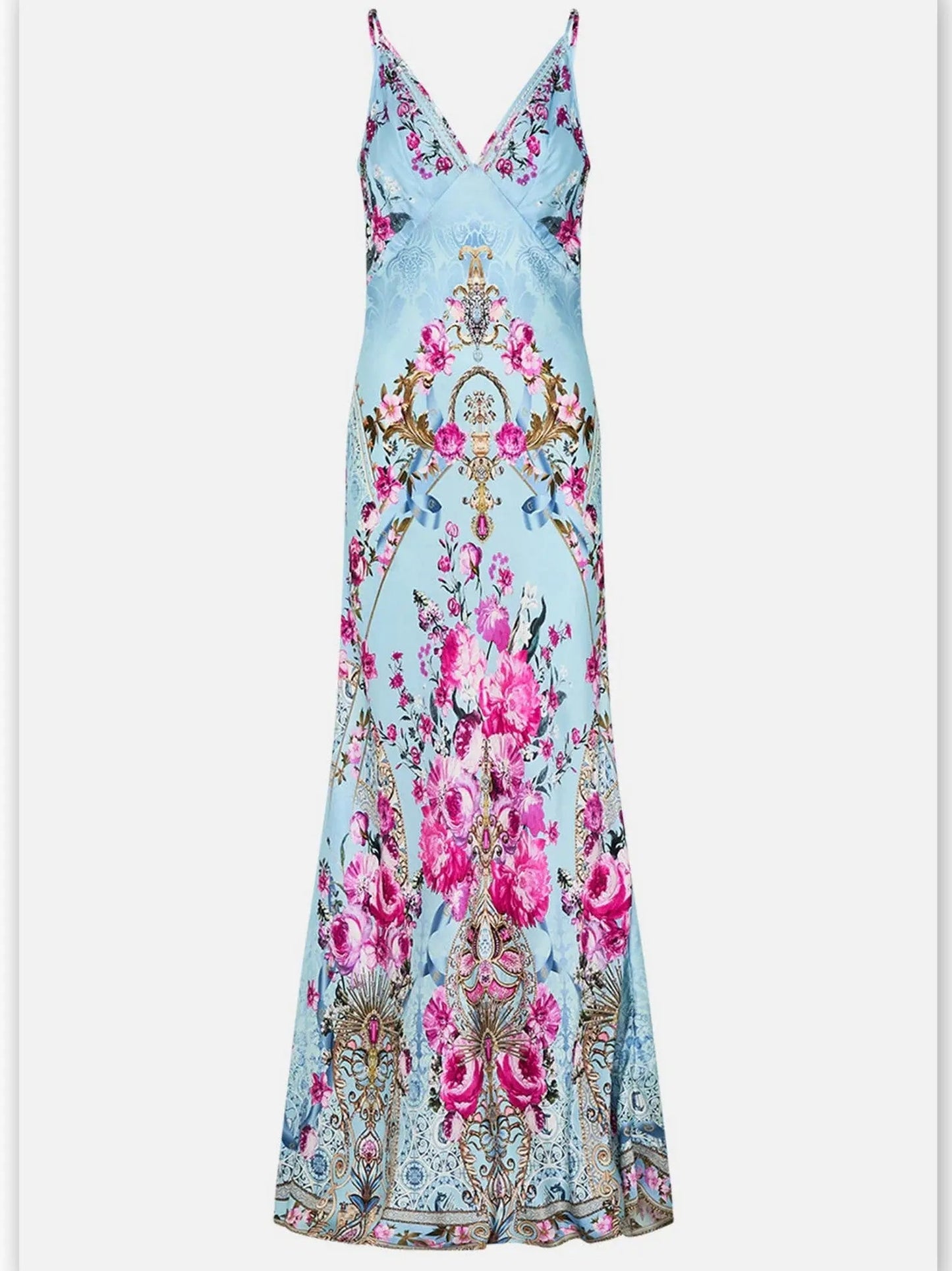 Floral Garden Printed Long Silk Light Blue Slip Dress - Dresses