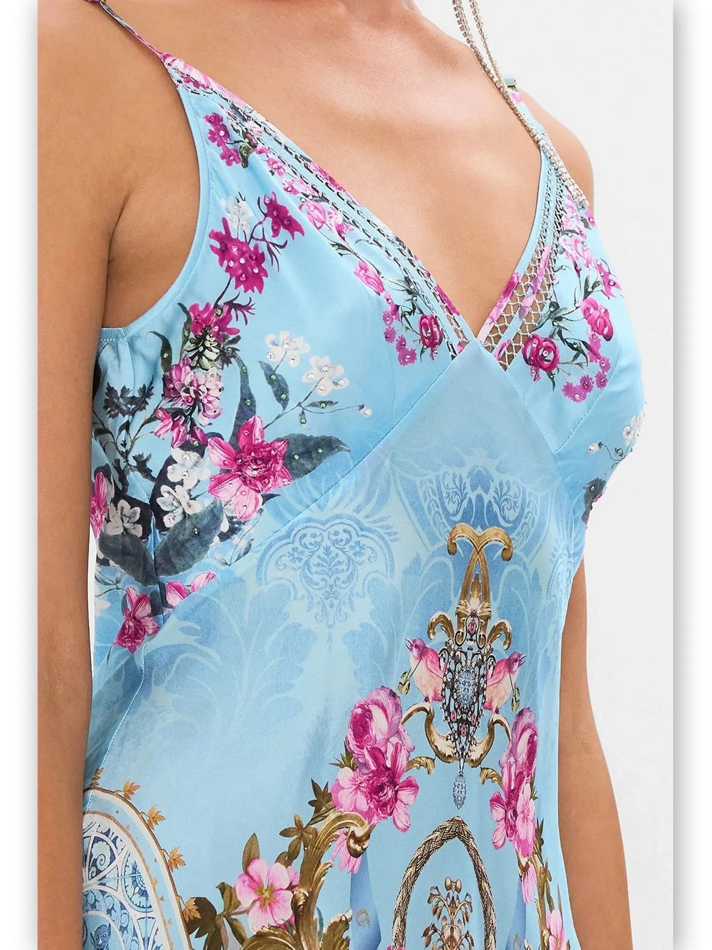 Floral Garden Printed Long Silk Light Blue Slip Dress - Dresses