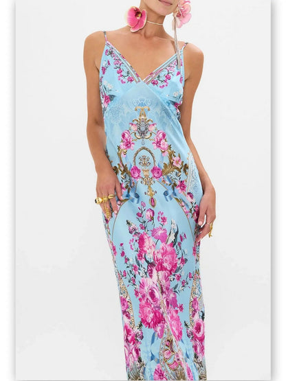 Floral Garden Printed Long Silk Light Blue Slip Dress - Dresses