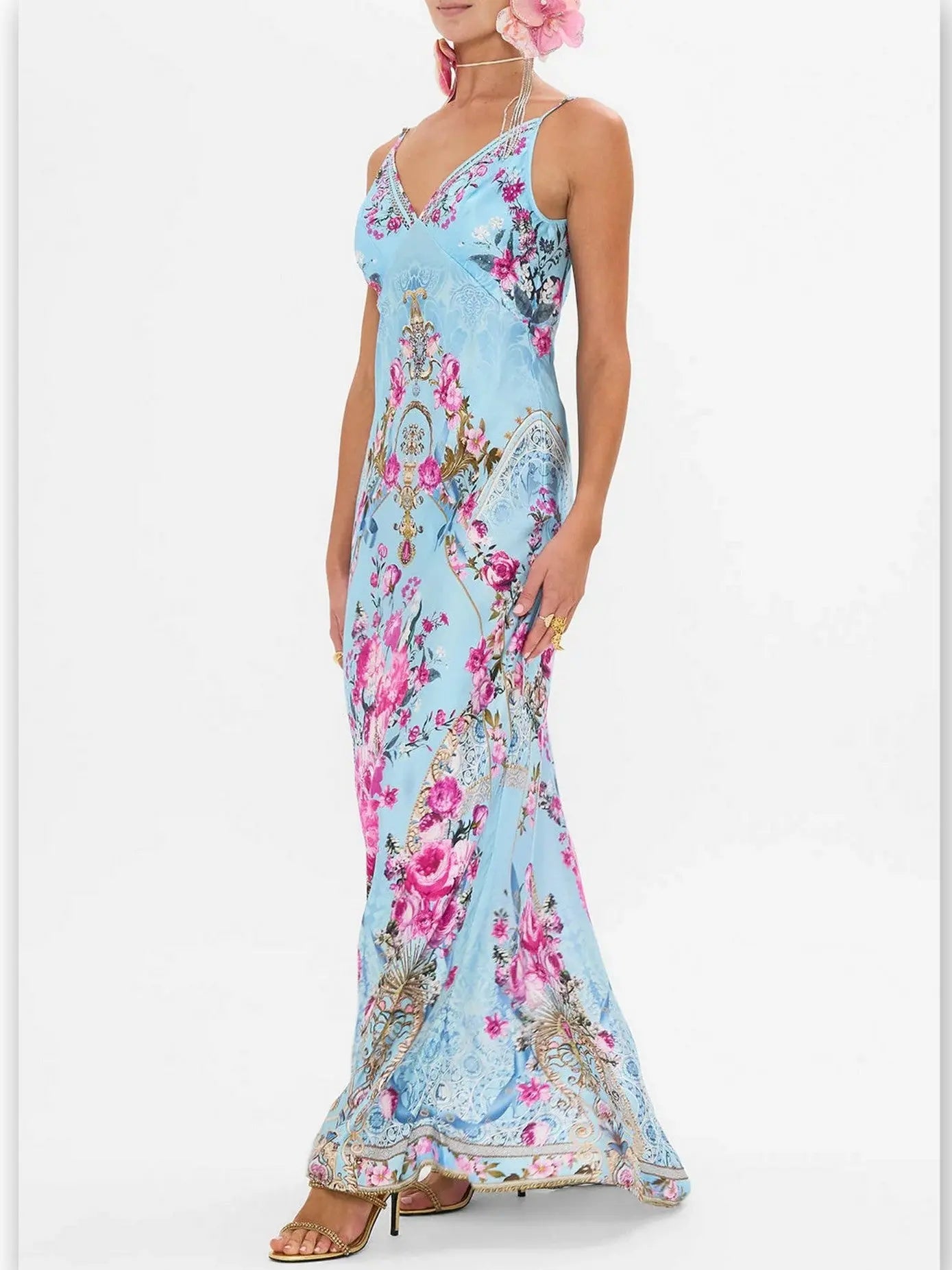 Floral Garden Printed Long Silk Light Blue Slip Dress - Dresses