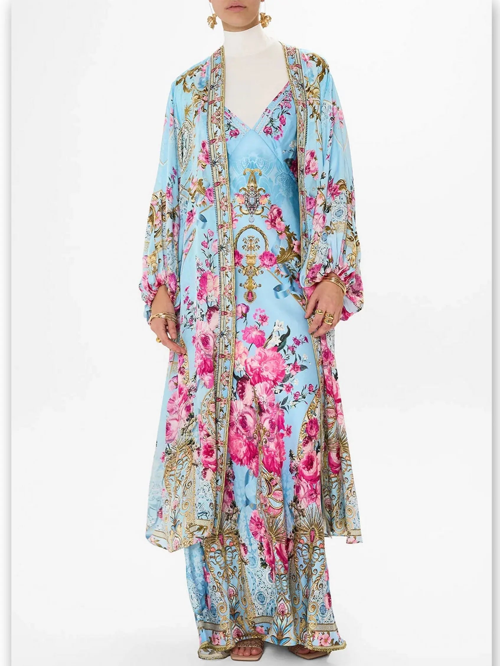 Floral Garden Printed Long Silk Light Blue Slip Dress - Dresses