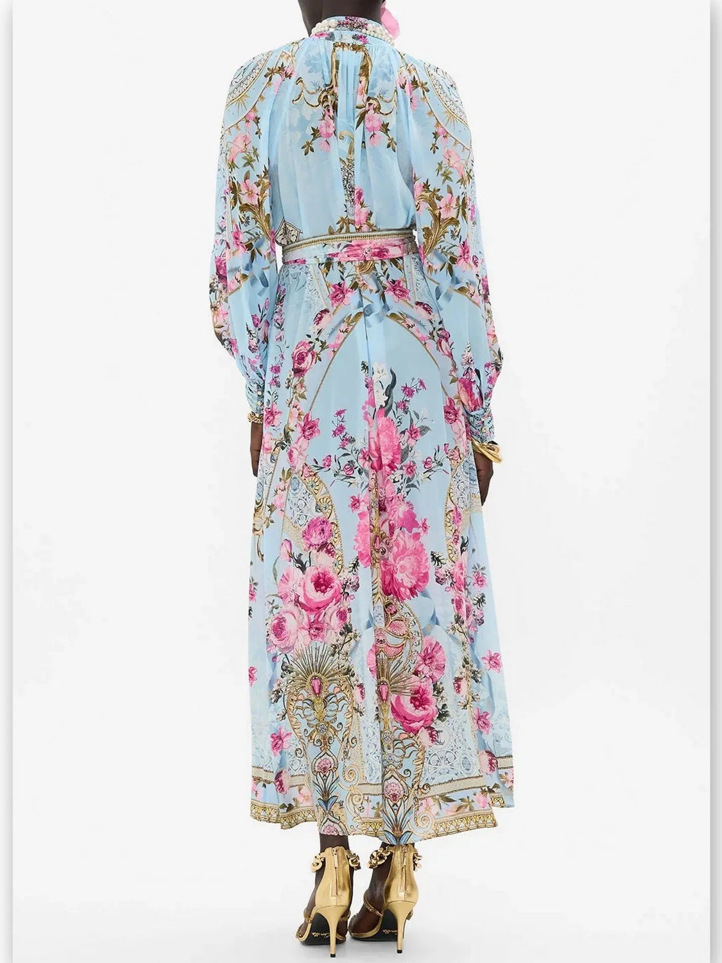 Floral Garden Printed Silk Light Blue Midi Dress - Dresses