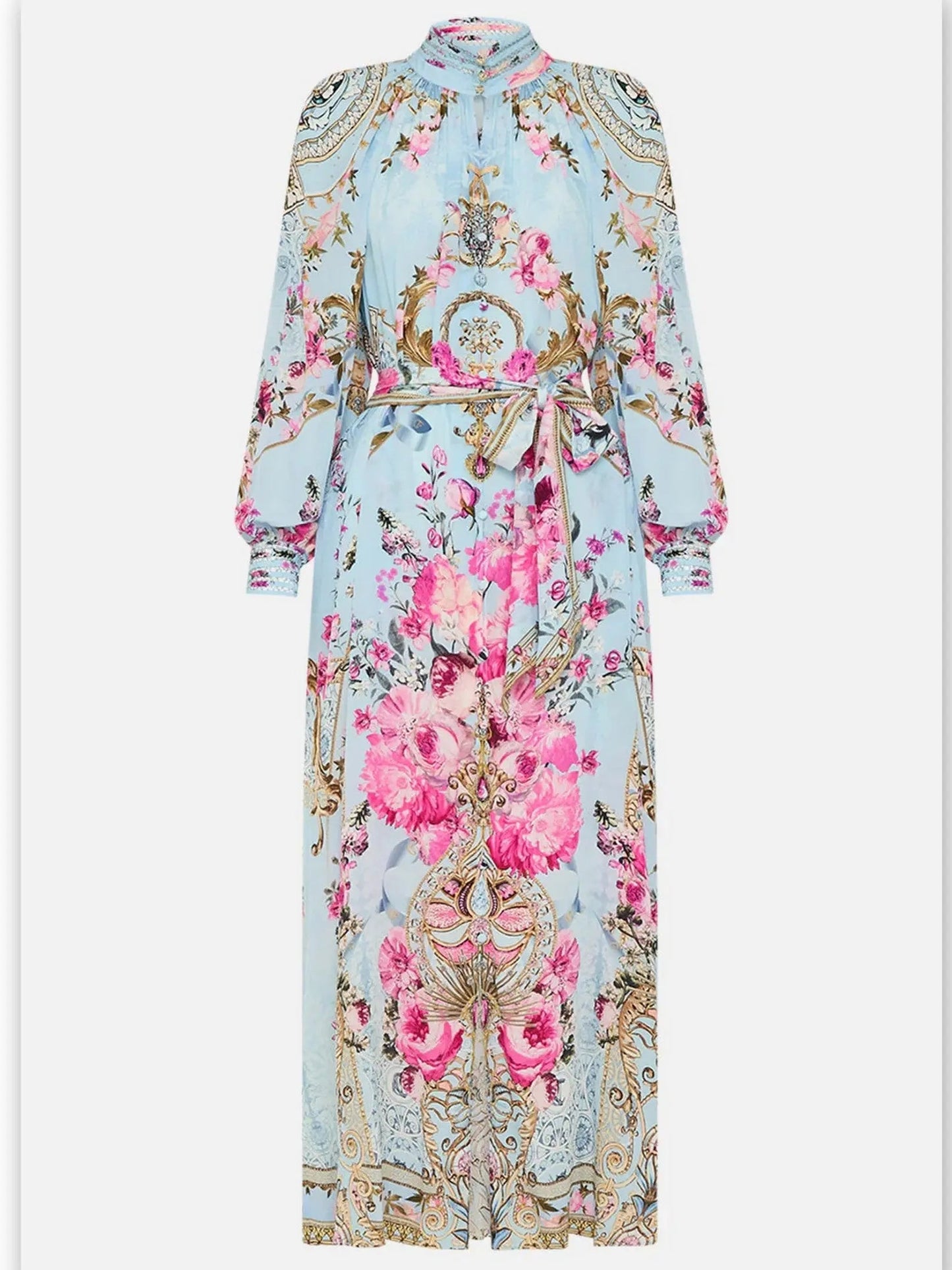 Floral Garden Printed Silk Light Blue Midi Dress - Dresses