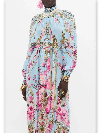 Floral Garden Printed Silk Light Blue Midi Dress - Dresses