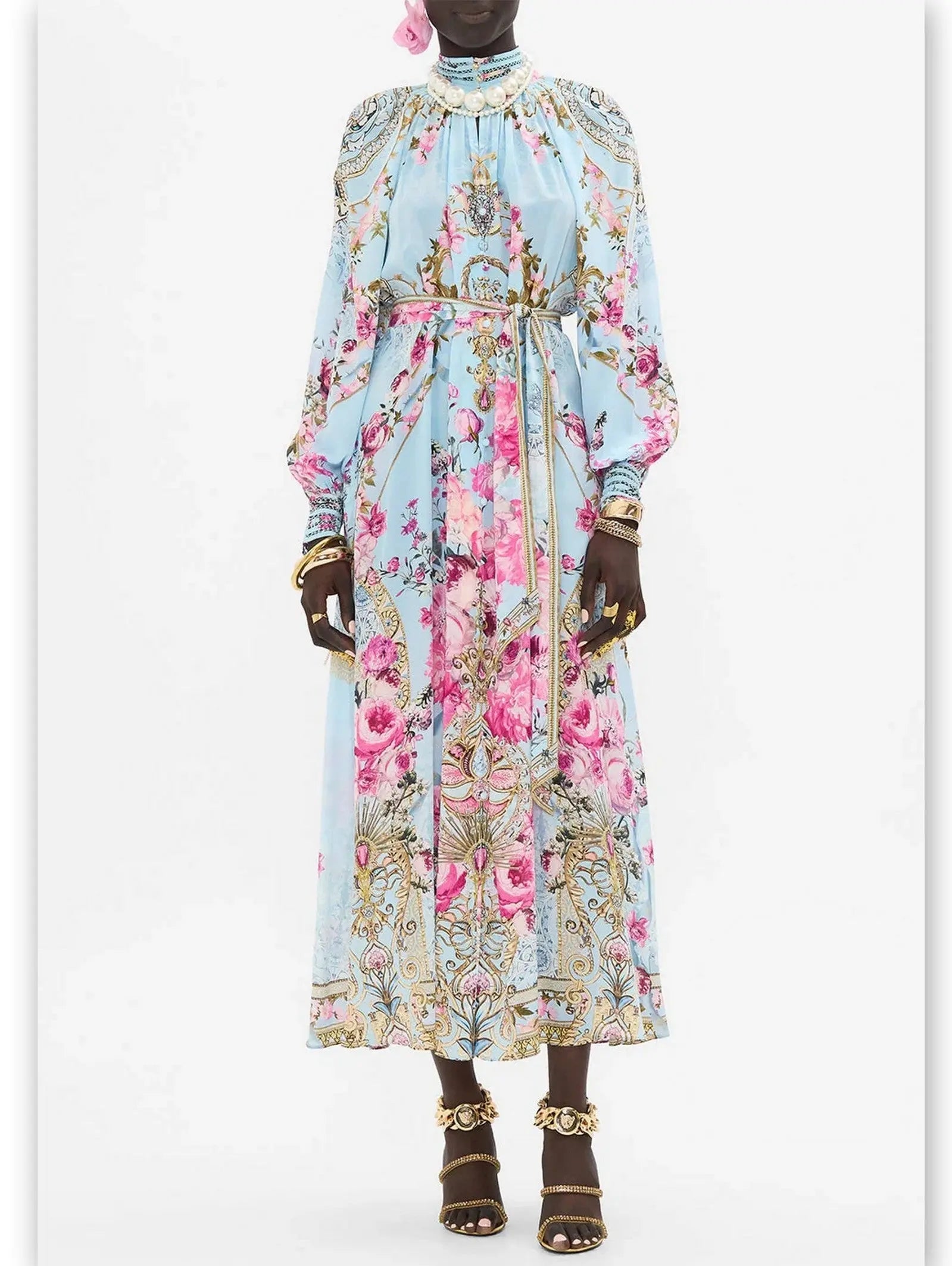 Floral Garden Printed Silk Light Blue Midi Dress - Dresses