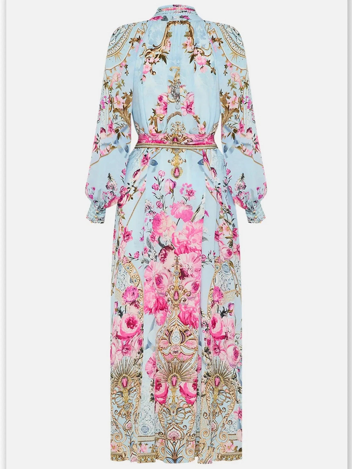 Floral Garden Printed Silk Light Blue Midi Dress - Dresses