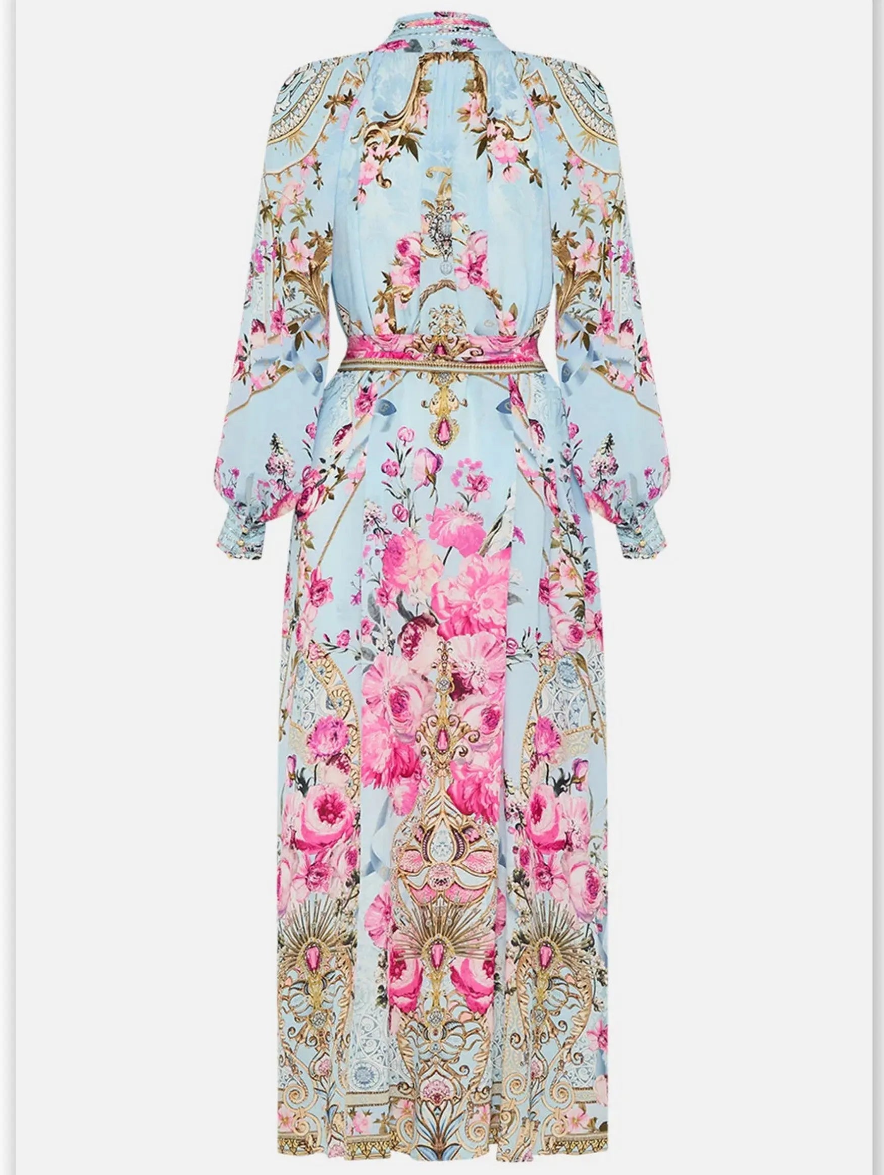 Floral Garden Printed Silk Light Blue Midi Dress - Dresses