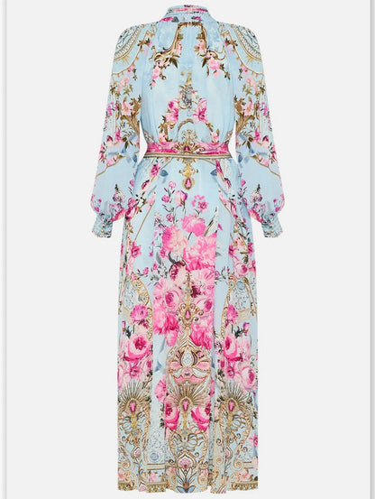 Floral Garden Printed Silk Light Blue Midi Dress - Dresses