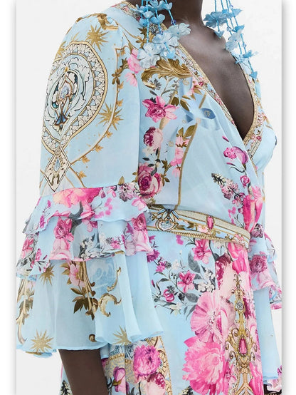 Floral Garden Printed Silk Light Blue Short Dress with Ruffle Sleeves - Dresses