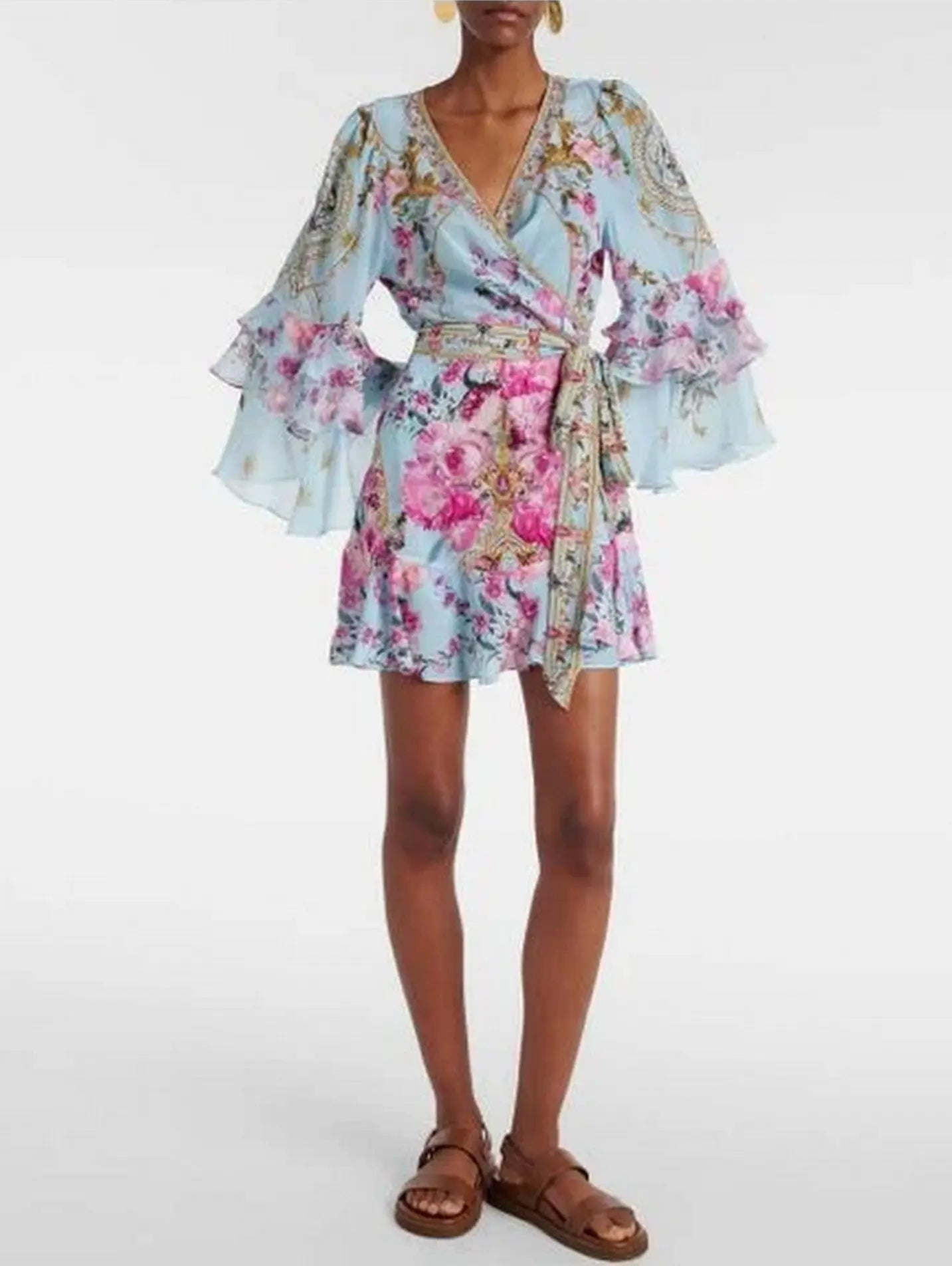 Floral Garden Printed Silk Light Blue Short Dress with Ruffle Sleeves - Dresses