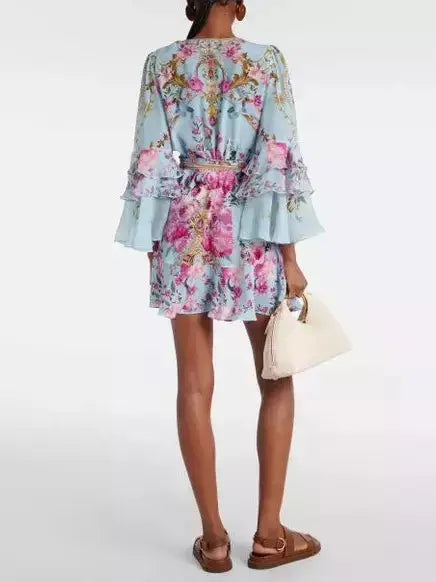 Floral Garden Printed Silk Light Blue Short Dress with Ruffle Sleeves - Dresses