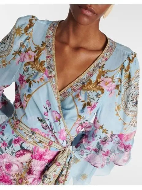 Floral Garden Printed Silk Light Blue Short Dress with Ruffle Sleeves - Dresses