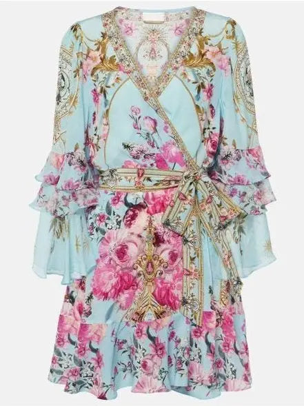 Floral Garden Printed Silk Light Blue Short Dress with Ruffle Sleeves - Dresses