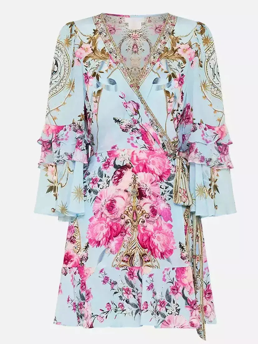 Floral Garden Printed Silk Light Blue Short Dress with Ruffle Sleeves - Dresses