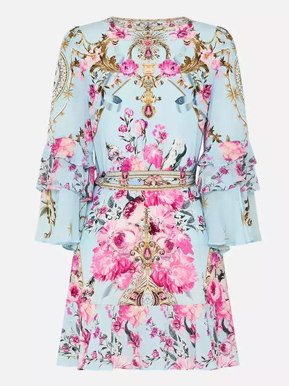 Floral Garden Printed Silk Light Blue Short Dress with Ruffle Sleeves - Dresses