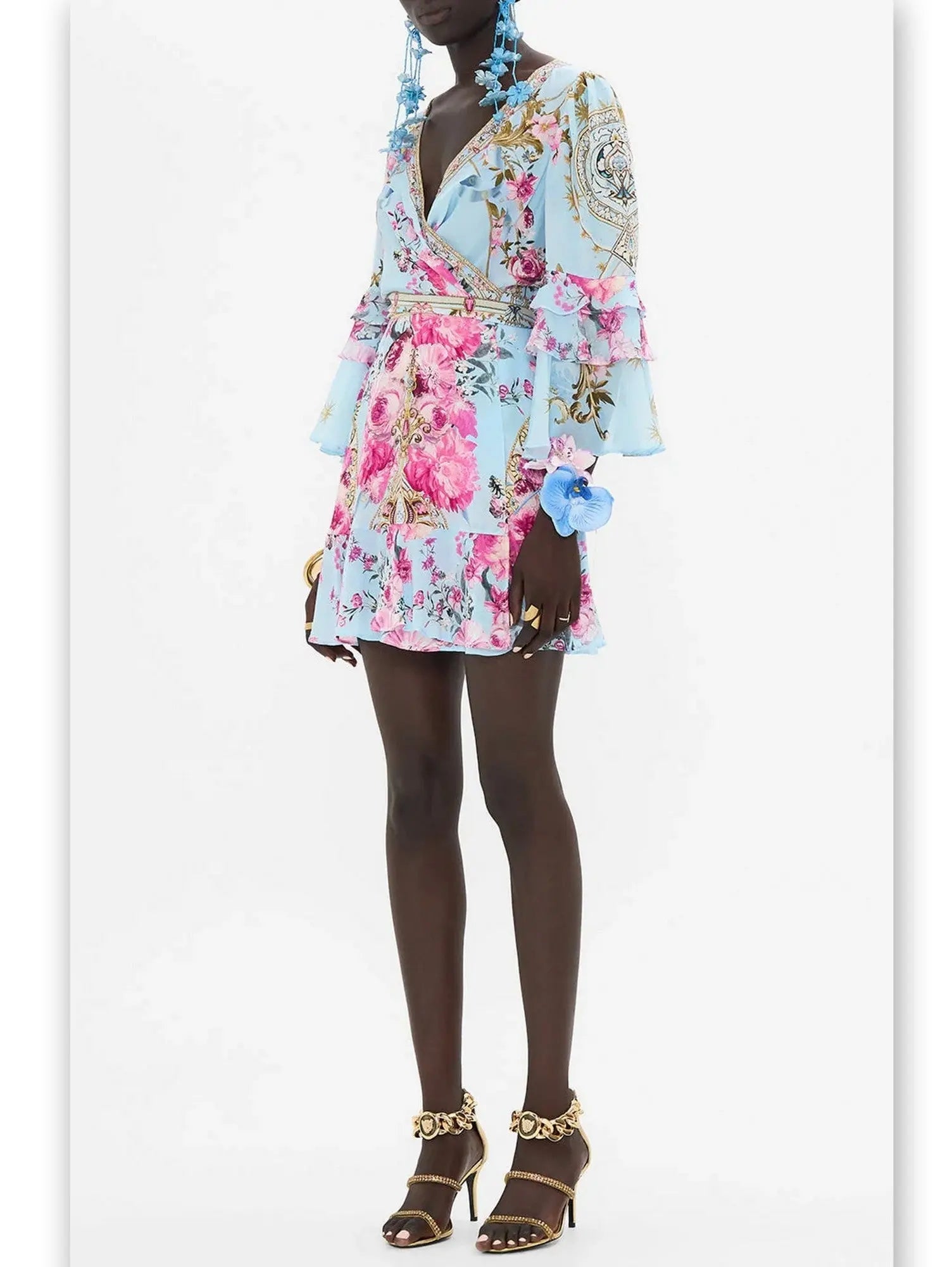 Floral Garden Printed Silk Light Blue Short Dress with Ruffle Sleeves - Dresses