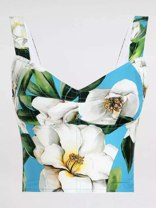 Floral Gardenia Print Cotton Corset Top - Tops