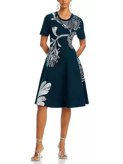 Floral Jacquard Knit A-Line Dress - Dresses