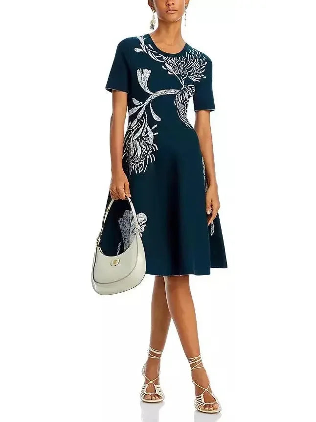 Floral Jacquard Knit A-Line Dress - Dresses