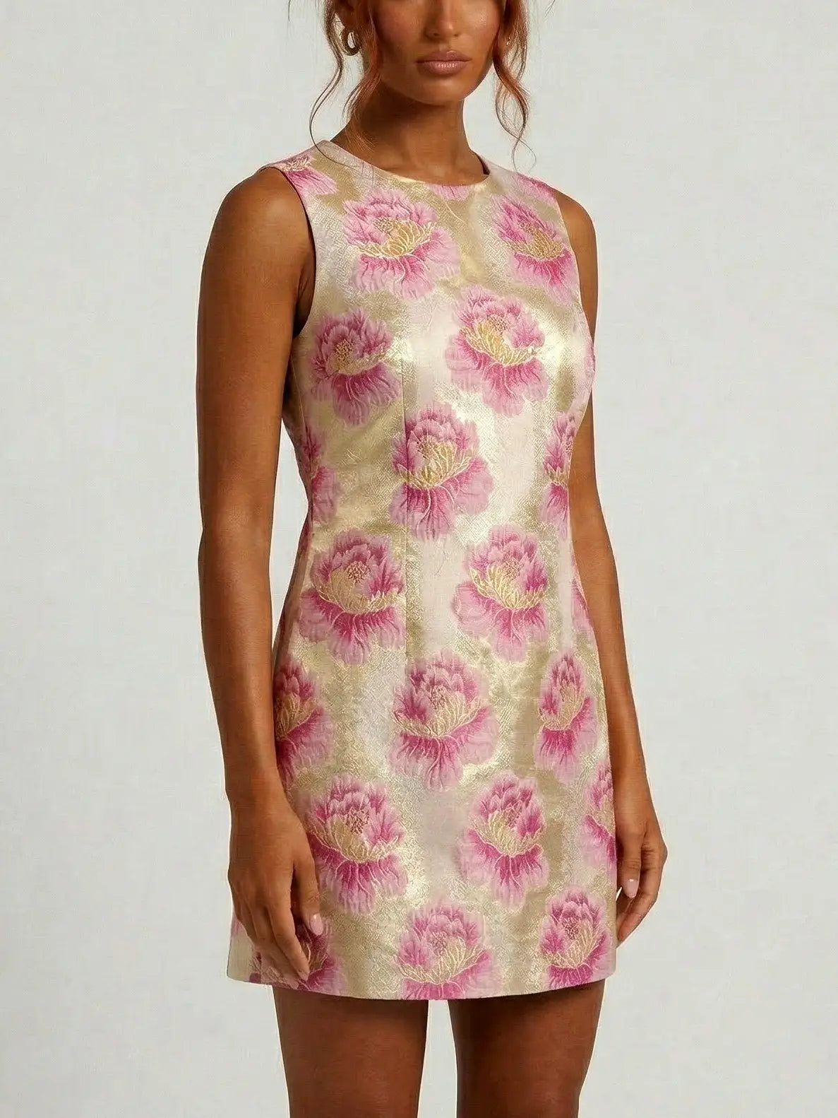 Floral Jacquard Mini Dress in Pink and Gold - Dresses