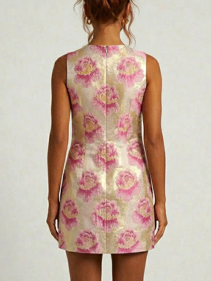 Floral Jacquard Mini Dress in Pink and Gold - Dresses