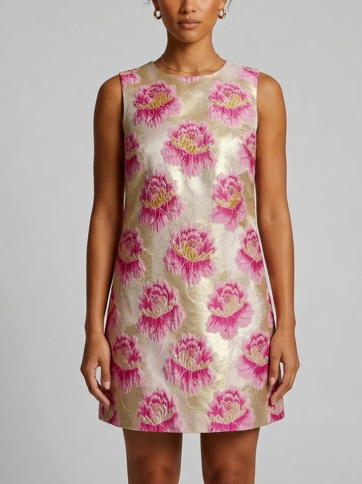Floral Jacquard Mini Dress in Pink and Gold - Dresses