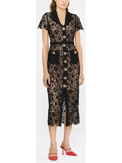 Floral Lace Midi Dress - Dresses