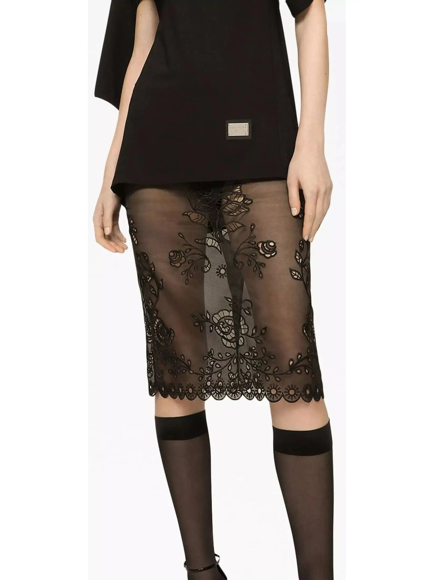 Floral-Lace Sheer Skirt Black - Skirts