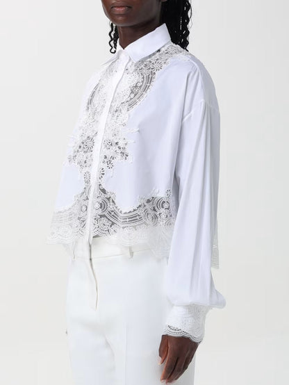 Floral Lace White Cotton Cropped Shirt - Tops